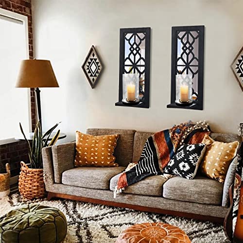 ZEXUIRU Wood Wall Sconce Candle Holder Set 2, Rustic Candle Sconces, Farmhouse Hanging Wall Décor, Carved Wood Frame, Mirrored Wall Accent - Image 4