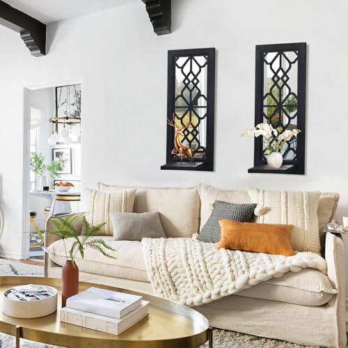 ZEXUIRU Wood Wall Sconce Candle Holder Set 2, Rustic Candle Sconces, Farmhouse Hanging Wall Décor, Carved Wood Frame, Mirrored Wall Accent - Image 3