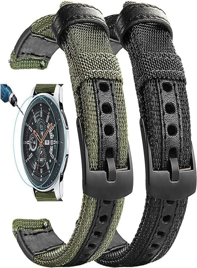 Next store Compatible with Galaxy Watch 46mm Bands, Compatible Gear S3 Bands, 22mm Nylon Leather Strap (2 Pack Nylon Watch Band, 2 * Screen Protector Compatible with Gear S3)