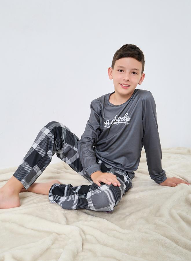 Styli Teen Slogan T-Shirt and Checked Pyjama Set - Image 1