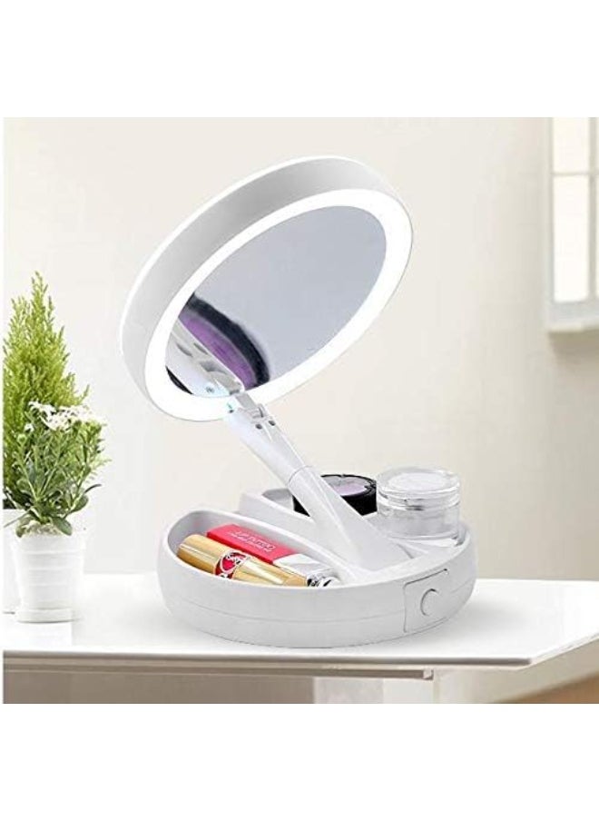 Generic Portable Led Travel Folding Compact Lighted Makeup Mirror Magnification Double Sided Round Shape with Base Touch Button  - Image 3