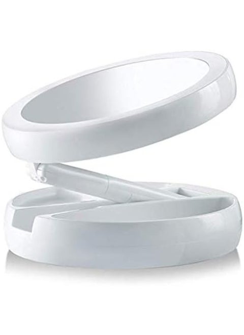 Portable Led Travel Folding Compact Lighted Makeup Mirror Magnification Double Sided Round Shape with Base Touch Button
