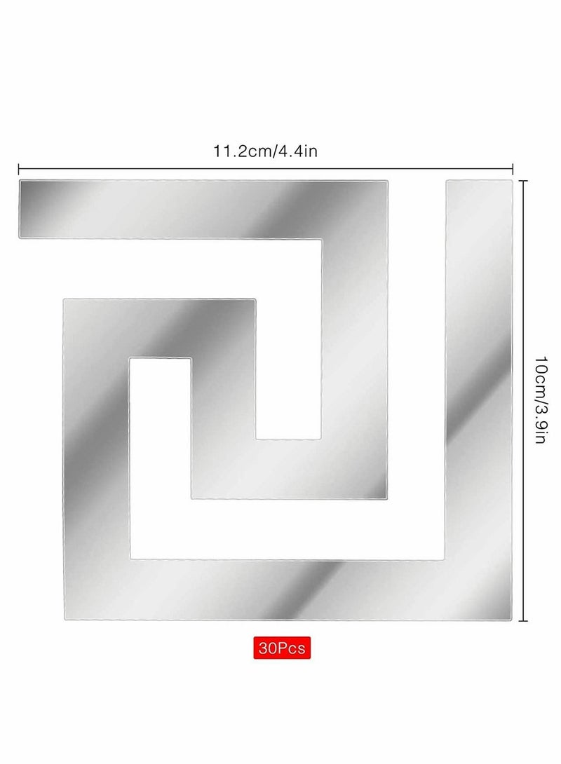 KASTWAVE 30 Pieces DIY Mirror Stickers Removable Adhensive Wall Stickers Decals, Geometric Greek Key Pattern Wall Sticker for Home Art Room Bedroom Background Decoration (Silver) - Image 2