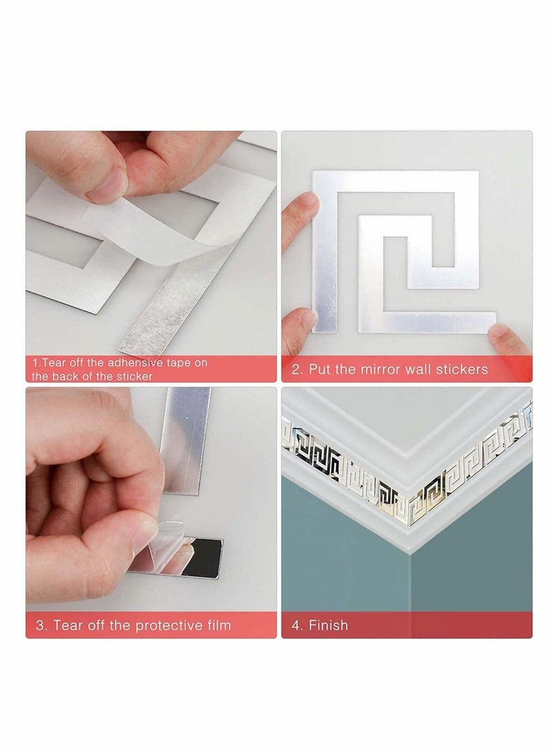 KASTWAVE 30 Pieces DIY Mirror Stickers Removable Adhensive Wall Stickers Decals, Geometric Greek Key Pattern Wall Sticker for Home Art Room Bedroom Background Decoration (Silver) - Image 4