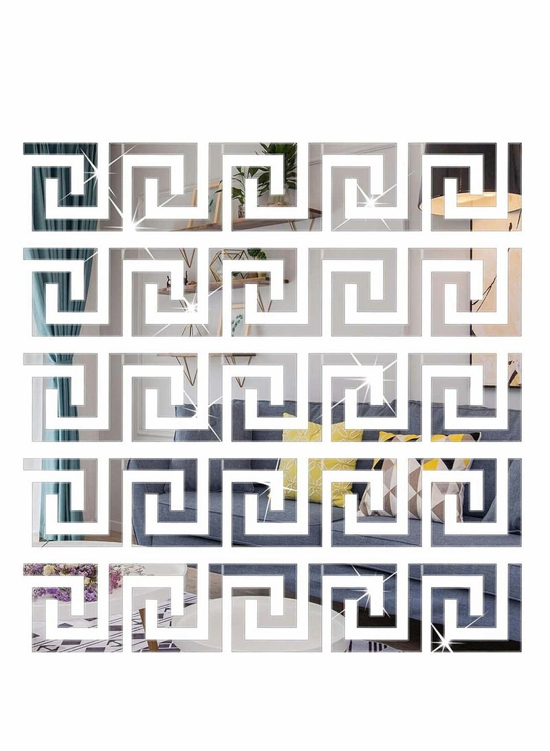 KASTWAVE 30 Pieces DIY Mirror Stickers Removable Adhensive Wall Stickers Decals, Geometric Greek Key Pattern Wall Sticker for Home Art Room Bedroom Background Decoration (Silver) - Image 1