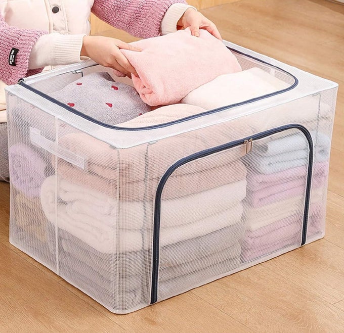FOLDABLE TRANSPARENT STACKABLE STORAGE BOXES STORAGE UNITS WITH STAINLESS STEEL FRAME FOLDING CABINET BOXES STEEL ZIPPER LARGE CAPACITY 66L