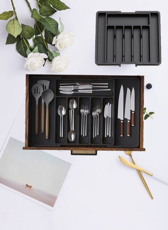 Household Silverware Drawer Organizer Kitchen Expandable Utensil Tray Adjustable Flatware and Cutlery Holder Compact Plastic Storage for Spoons Forks Knives(Black) - Image 1