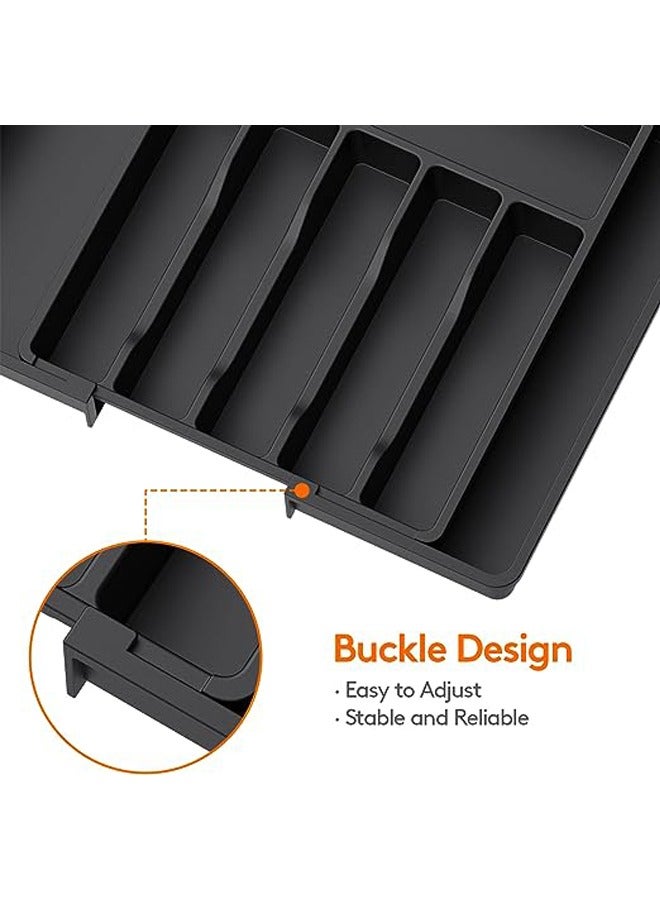 Household Silverware Drawer Organizer Kitchen Expandable Utensil Tray Adjustable Flatware and Cutlery Holder Compact Plastic Storage for Spoons Forks Knives(Black) - Image 3