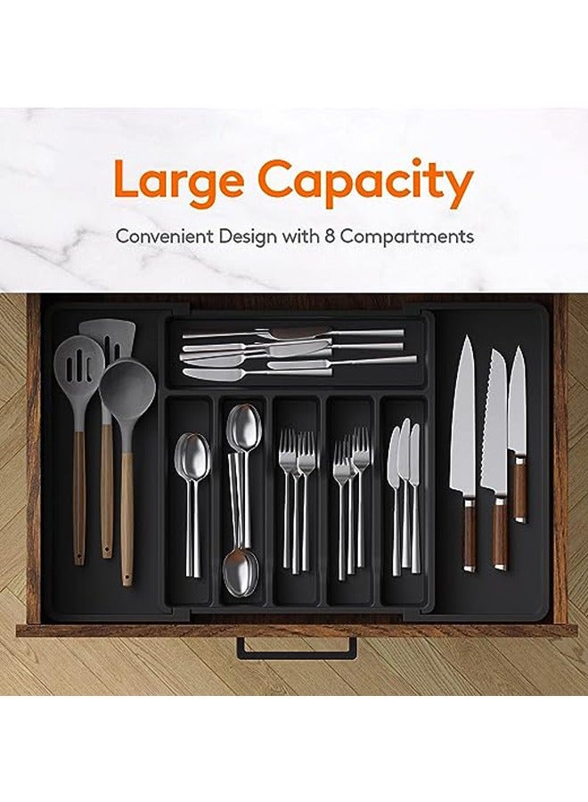 Household Silverware Drawer Organizer Kitchen Expandable Utensil Tray Adjustable Flatware and Cutlery Holder Compact Plastic Storage for Spoons Forks Knives(Black) - Image 4