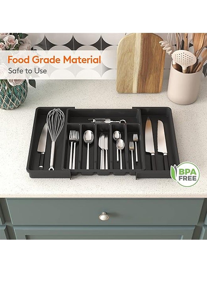 Household Silverware Drawer Organizer Kitchen Expandable Utensil Tray Adjustable Flatware and Cutlery Holder Compact Plastic Storage for Spoons Forks Knives(Black) - Image 5