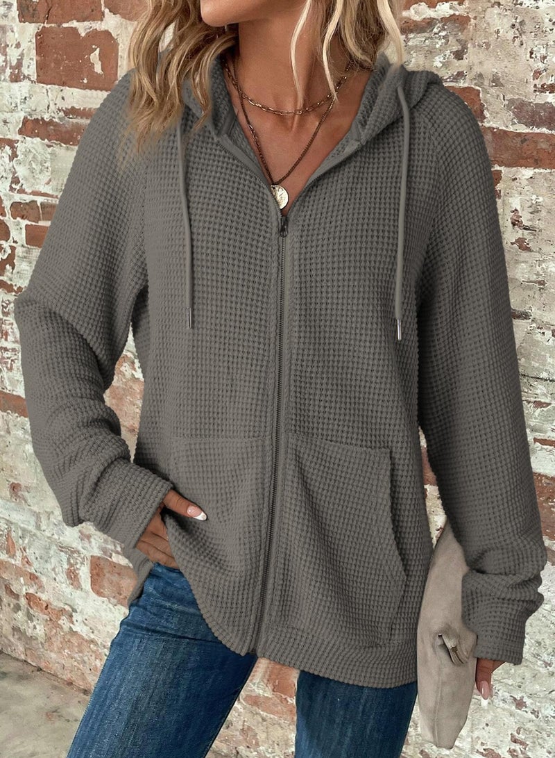 Dokotoo Womens Sweatshirt Grey Fall Solid Color Hoodies Oversized Full Zip Up Hoodie Long Sleeve Ladies Waffle Knit Hooded Sweatshirts Pockets Jacket Coat for Women Teen Girls Fashion 2026 Casual L - Image 2