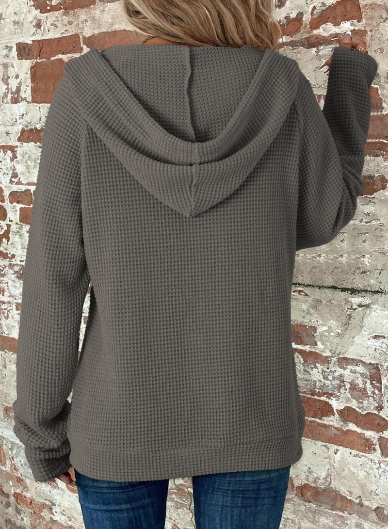Dokotoo Womens Sweatshirt Grey Fall Solid Color Hoodies Oversized Full Zip Up Hoodie Long Sleeve Ladies Waffle Knit Hooded Sweatshirts Pockets Jacket Coat for Women Teen Girls Fashion 2026 Casual L - Image 4