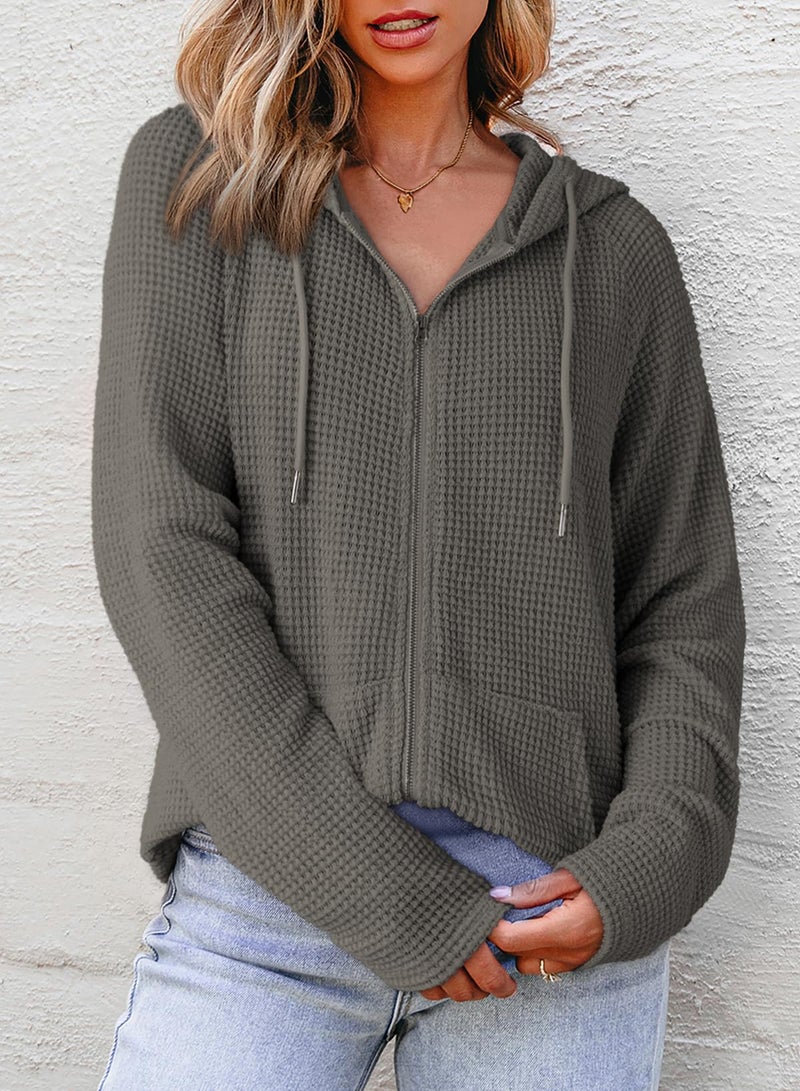 Dokotoo Womens Sweatshirt Grey Fall Solid Color Hoodies Oversized Full Zip Up Hoodie Long Sleeve Ladies Waffle Knit Hooded Sweatshirts Pockets Jacket Coat for Women Teen Girls Fashion 2026 Casual L - Image 3