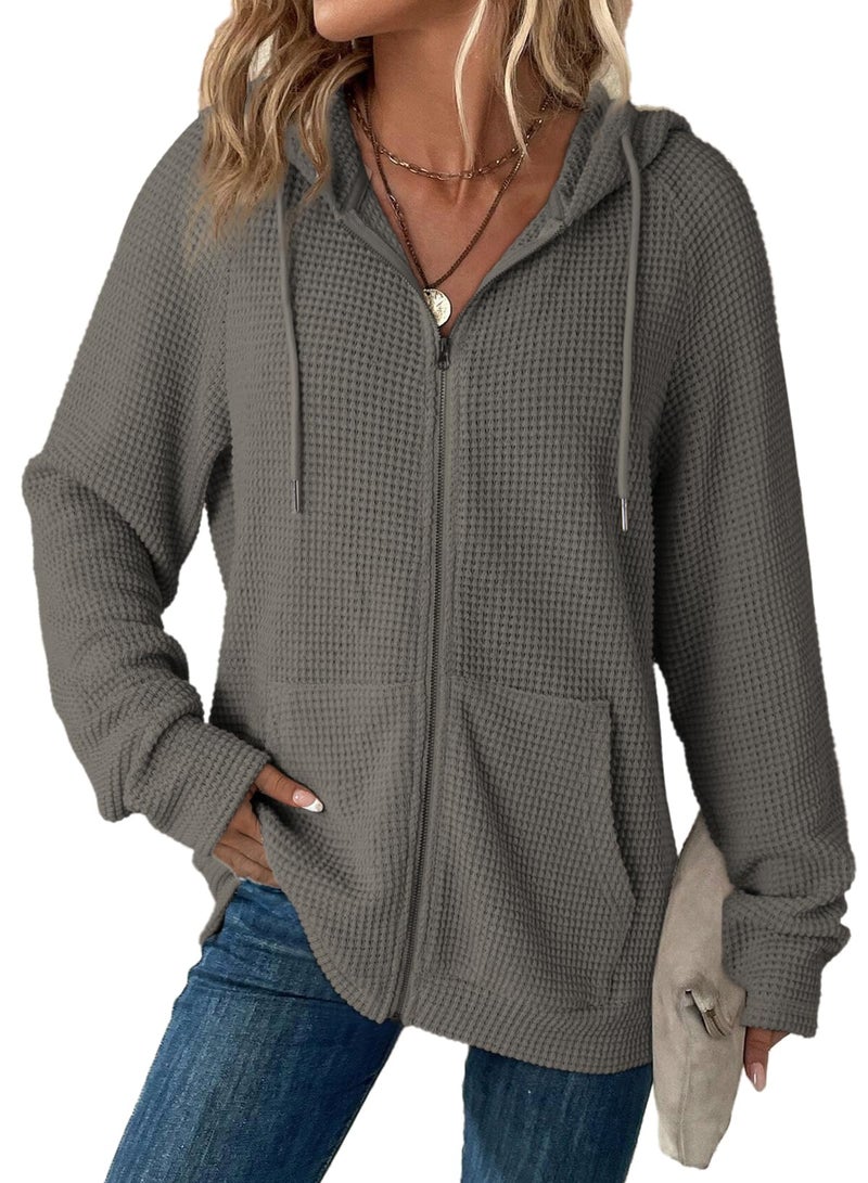 Dokotoo Womens Sweatshirt Grey Fall Solid Color Hoodies Oversized Full Zip Up Hoodie Long Sleeve Ladies Waffle Knit Hooded Sweatshirts Pockets Jacket Coat for Women Teen Girls Fashion 2026 Casual L - Image 1