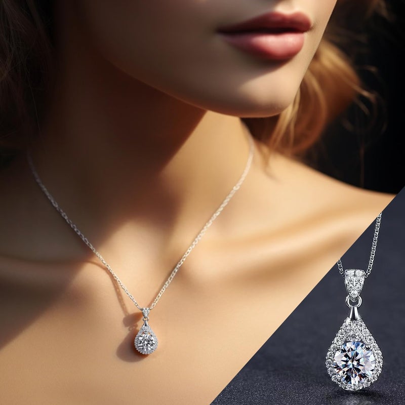 FEIKFEIZ Women's Moissanite Necklace 2 Carat Lab-Grown Diamond Pendant, Rhodium-Plated 925 Sterling Silver, Single Gemstone, Gift Box Included - Image 2