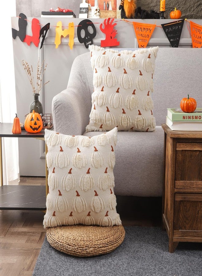 LUOYEHK Fall Throw Pillow Covers 18x18 Set of 2 Khaki Pumpkin Decorative Pillow Cases Farmhouse Plush Faux Fur Wool Cushion Covers for Couch Sofa Bed - Image 2
