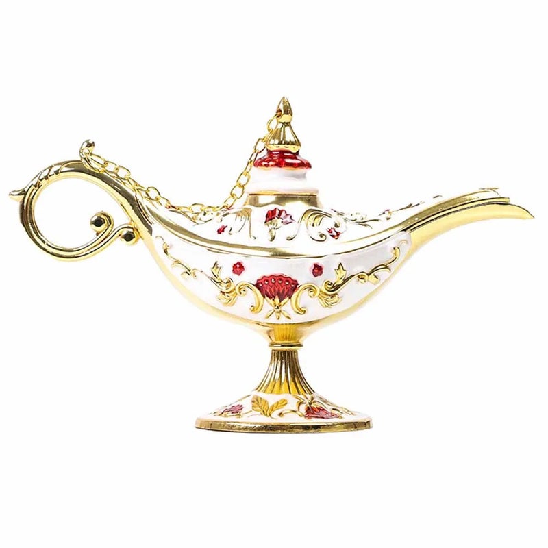 Vintage Style Fairy Tale Aladdin Magic Lamp, Genie Lamp Zinc Alloy Table Decoration- White and Golden - Image 1