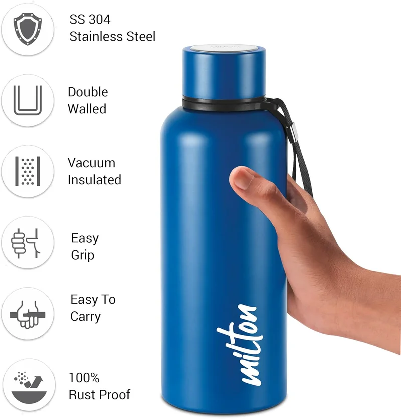 Milton Milton Aura 750 Thermosteel Bottle, 750 ml, Dark Blue | 24 Hours Hot and Cold | Easy to Carry | Rust & Leak Proof | Tea | Coffee | Office| Gym | Home | Kitchen | Hiking | Trekking | Travel Bottle