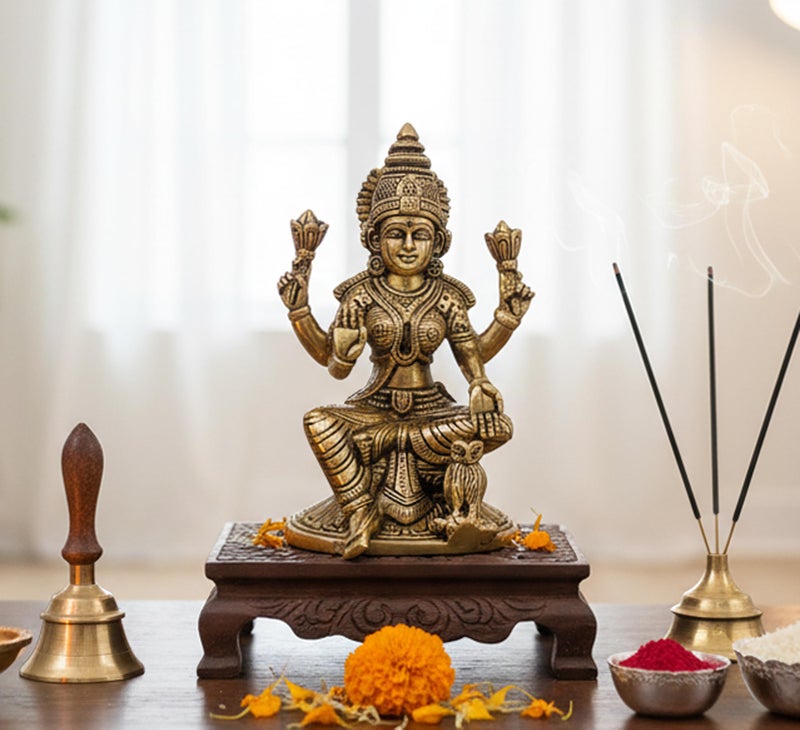 ESPLANADE Brass Laxmi Lakshmi Goddess Murti Idol Statue Figurine Sculpture | Pooja Idols - Home Decor | Golden - 6.75" Inches - Image 1