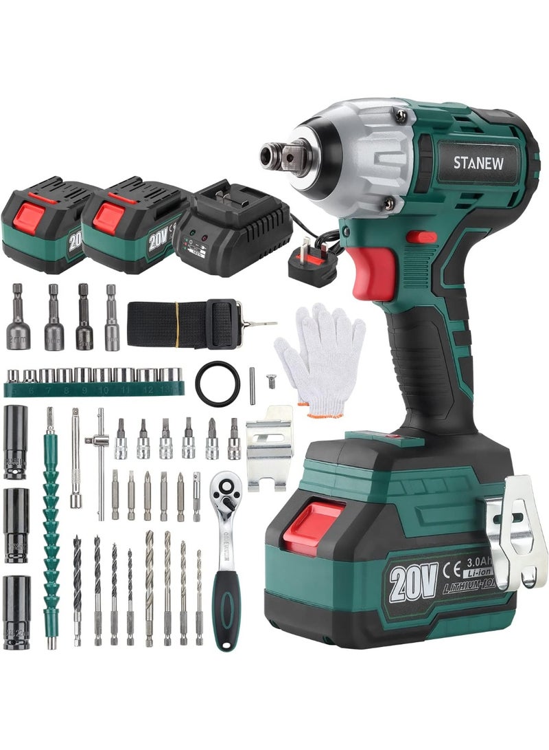 Stanew 320Nm Brushless Cordless Impact Wrench 20 V, Electric Impact Nutrunner with Two 3.0Ah Batteries, Adjustable Torque, Box with 49 Pieces Accessories - Image 1