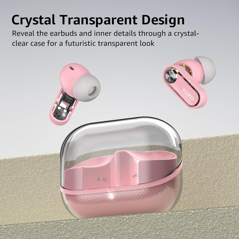 TOZO Hybrid Active Noise Cancelling Wireless Earbuds, Bluetooth 5.4 Headphones, 10mm Drivers Deep Bass Stereo Sound, 4 Mics ENC AI Clear Calls, 32 EQ Customization via App, Crystal Case Design - Image 2