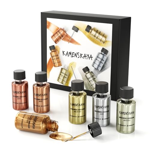 KAMENSKAYA Liquid Leaf Paint - Gilding Paint Set - Rich & English Gold, Silver, Bronze, Copper, White Gold - 6 pcs. 0.68 fl oz (20 ml) Each - Image 1