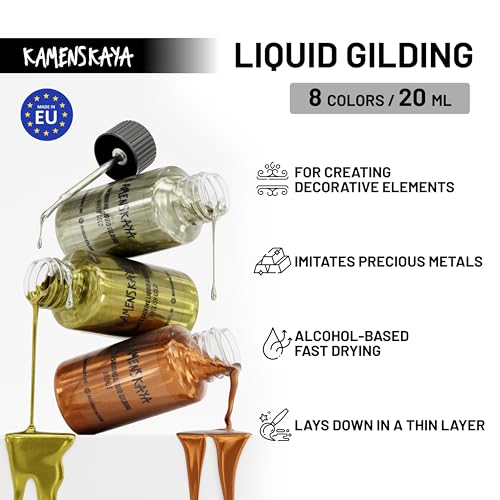 KAMENSKAYA Liquid Leaf Paint - Gilding Paint Set - Rich & English Gold, Silver, Bronze, Copper, White Gold - 6 pcs. 0.68 fl oz (20 ml) Each - Image 3