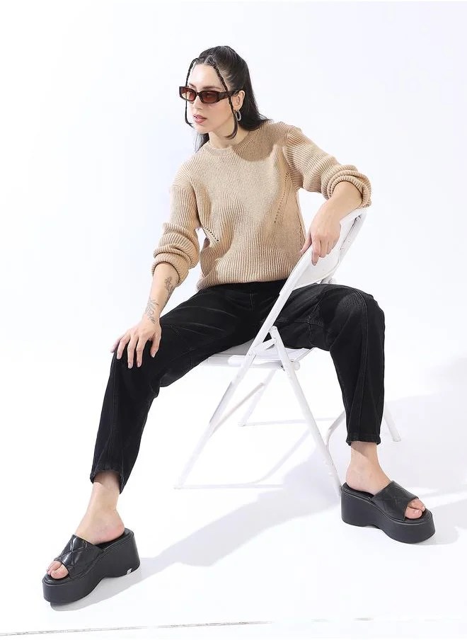 هاي ستار Women's Beige 100% Acrylic Solid Pullover Relaxed Sweater