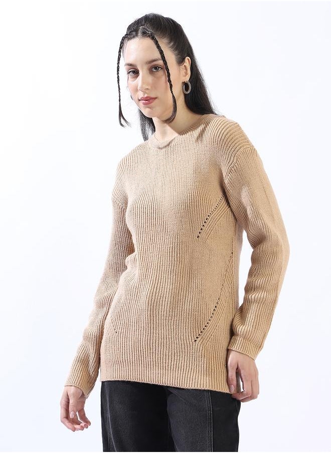 HIGH STAR Women's Beige 100% Acrylic Solid Pullover Relaxed Sweater  - Image 3