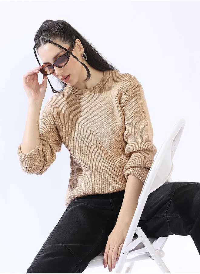 هاي ستار Women's Beige 100% Acrylic Solid Pullover Relaxed Sweater