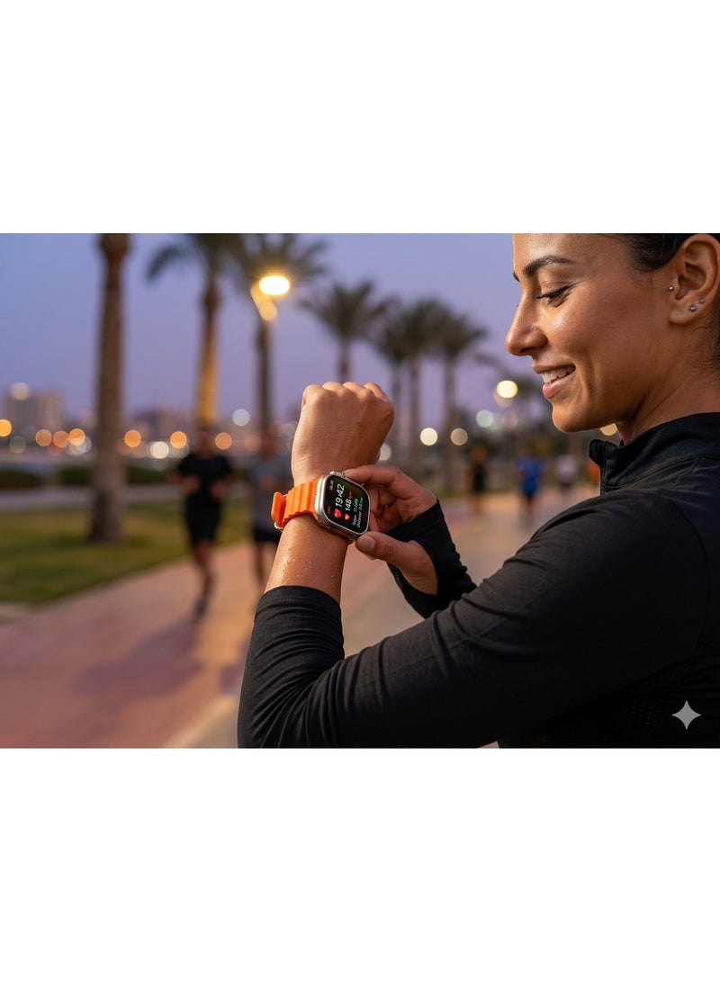 ماى سوق ساعة ذكية T3000 أولترا مع زوجين من الأحزمة السيليكون وشاحن لاسلكي - برتقالي/أسود - Image 5