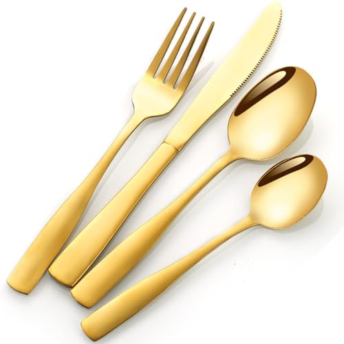 WE-CEF Tablware Cutlery Spoon Set 4-Piece Golden Silverware Set Stainless Steel Satin Finish Flatware,Spoon Knife Fork Set, Kitchen Utensils Eating Spoon Mixed Cutlry (4, Gold) - Image 1