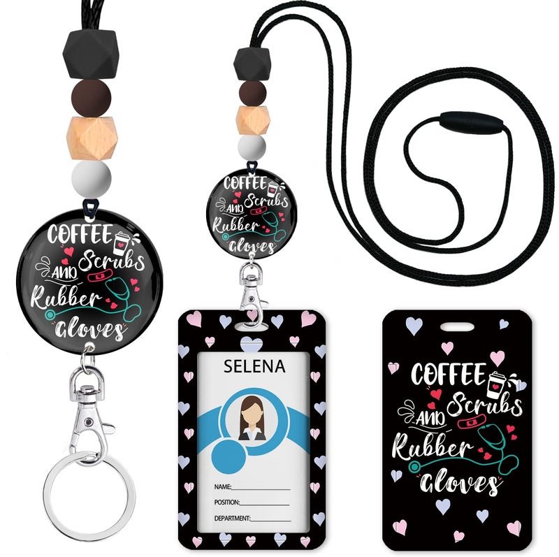 Mcapirivo Nurse Lanyards for Id Badges and Keys, Funny ID Badge Holder, Silicone Beaded Breakaway Lanyard for Women Teacher Nurse, ID Card Holder, Lanyard Keychain, Coffee Scrubs and Rubber Gloves - Image 1