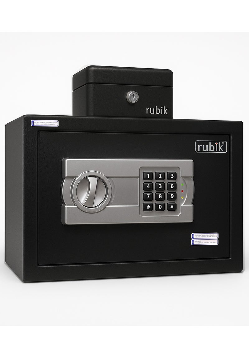 Rubik 2pcs A4 Documents Size Safe Box Digital Keypad and Key Lock + Cash Box, Security Locker Protect Cash Jewelry Passports for Home Office 6Kg (Size 25x35x25cm) Black/Black  - Image 1