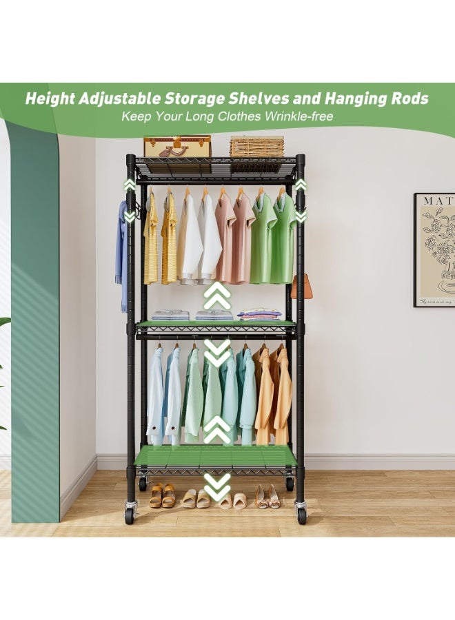 Forthcan Heavy Duty Clothes Rack on Wheels, Metal Garment Rail with 3 Hanging Rods, Shelf and Side Hook, Freestanding Wardrobe Organizer (Black, 41D × 81W × 210H cm) - Image 4