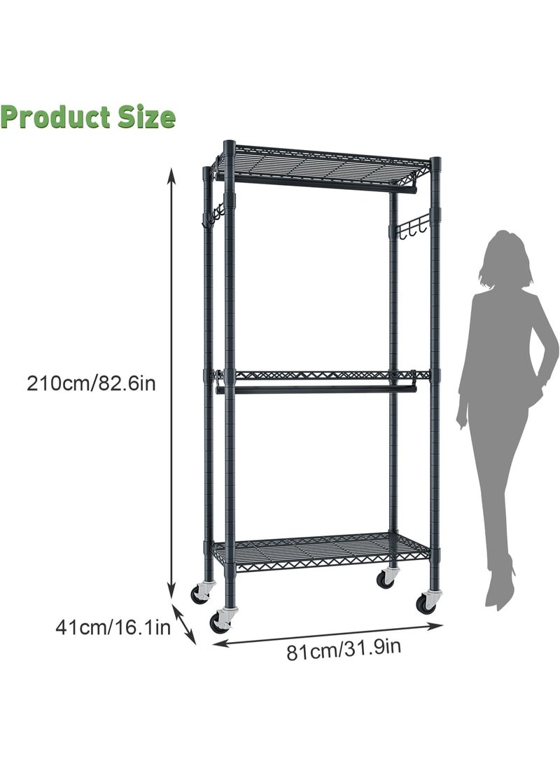 Forthcan Heavy Duty Clothes Rack on Wheels, Metal Garment Rail with 3 Hanging Rods, Shelf and Side Hook, Freestanding Wardrobe Organizer (Black, 41D × 81W × 210H cm) - Image 3