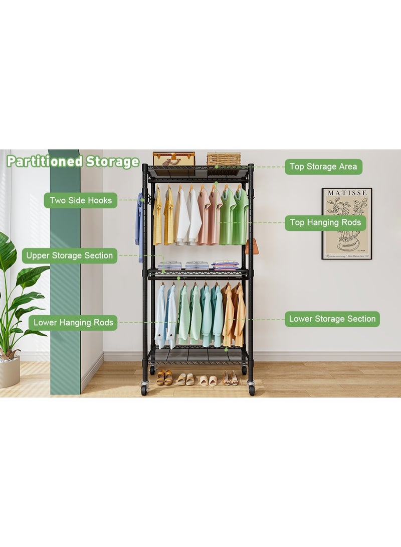 Forthcan Heavy Duty Clothes Rack on Wheels, Metal Garment Rail with 3 Hanging Rods, Shelf and Side Hook, Freestanding Wardrobe Organizer (Black, 41D × 81W × 210H cm) - Image 2