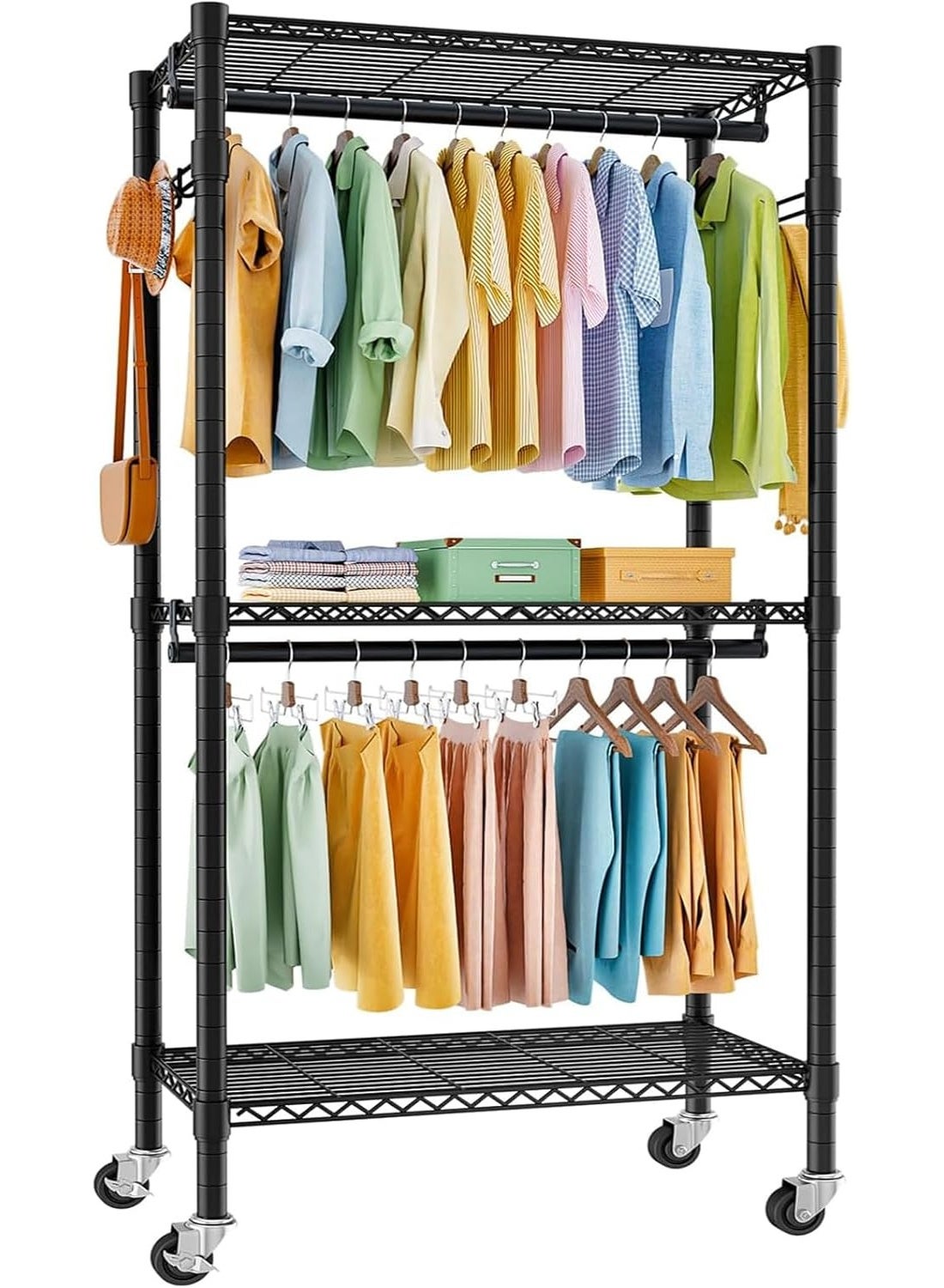 Heavy Duty Clothes Rack on Wheels, Metal Garment Rail with 3 Hanging Rods, Shelf and Side Hook, Freestanding Wardrobe Organizer (Black, 41D × 81W × 210H cm)