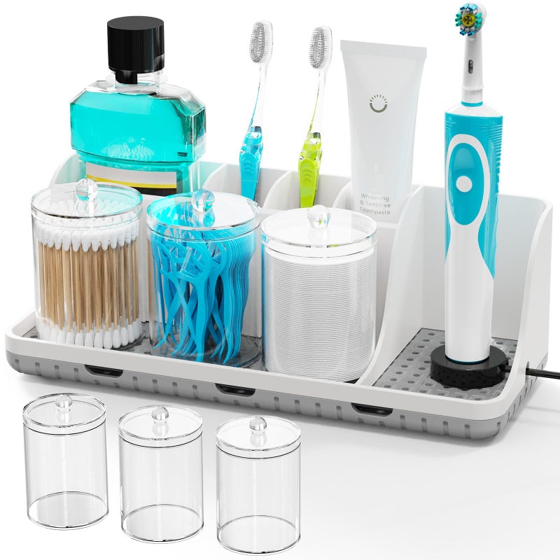 PARKMANI Bathroom Counter Organizers and Storage, Toothbrush Holders for Bathrooms with 3 PCS Qtip Holder, Kids Electric Toothbrush and Toothpaste Holder for Bathroom Vanity Sink Organizer (White) - Image 1