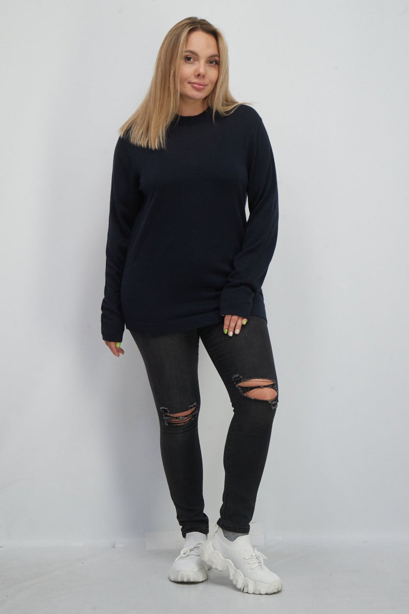 ESPRIT سويت شيرت نسائي بياقة دائرية سادة، أزرق داكن - Image 2