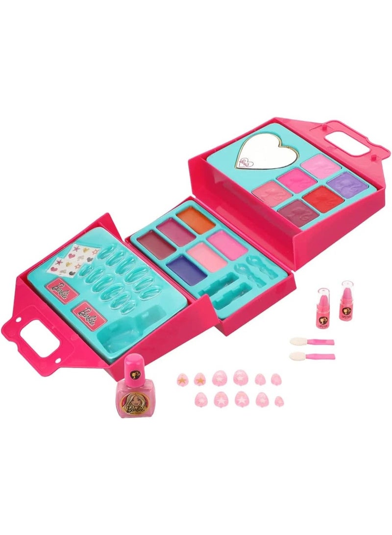 Barbie Pretend & Dress Up For Girls  - 6 eyeshadow waxes, 3 glitter lipgloss waxes, 3 lipgloss waxes, 2 lipsticks, 1 nail polish, 2 emery boards, 1 set of fake nails, 2 applicators, 1 mirror, and 2 nail stickers This package lets kids aged 6 and above - Image 1