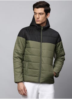 Dennis Lingo Olive Regular Fit Men's Colourblocked Hooded Polyester Jacket with Zipper Closure  - Image 1