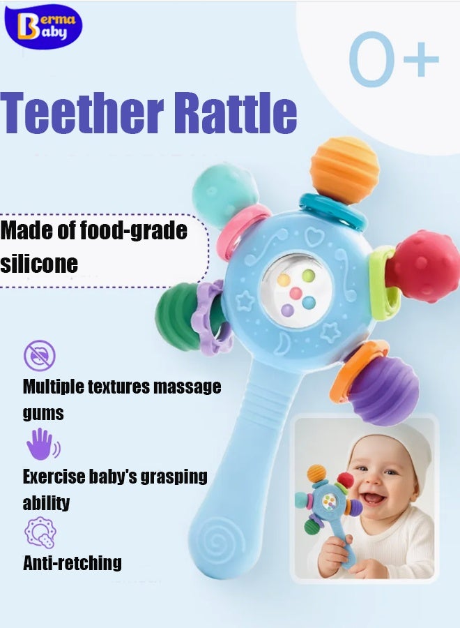 Berma Baby خشخشة الأطفال، ألعاب التسنين التعليمية المبكرة، ألعاب التسنين الحسية، تخفيف إزعاج التسنين عند الأطفال، ألعاب التعليم المبكر لكرة اليد، ألعاب خشخيشة للمضغ من الفئة الغذائية، مناسبة للأطفال بعمر 0+ أشهر (أزرق) - Image 1