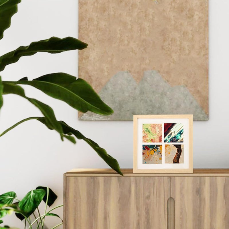 Homoyoyo Floating Canvas Picture Frame Collage, 4-section 10x10cm Square Wooden Frame, Natural Beige, Wall Mount and Desktop Display for Art Photos and DIY Oil Paintings - Image 4