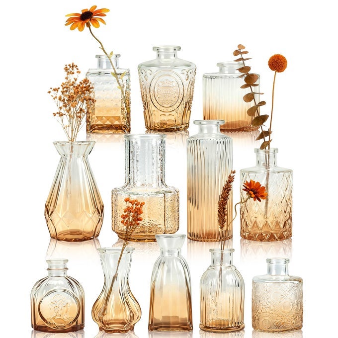 AMBER BUD VASES IN BULK GLASS VASE FOR CENTERPIECES SET OF 12 SMALL FLOWER VASES MINI VINTAGE VASES FOR RUSTIC WEDDING HOME TABLE DECORATIONS