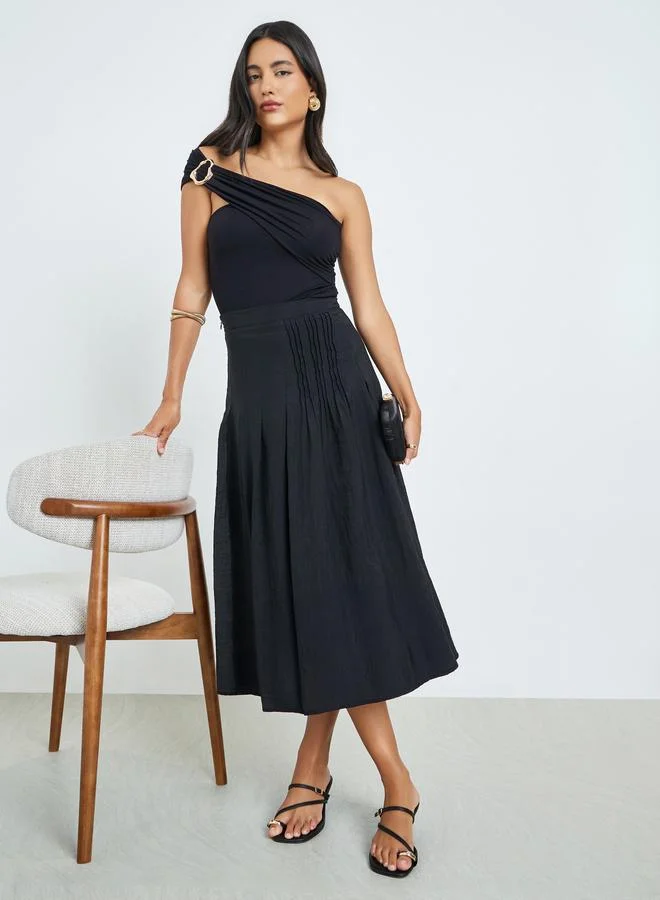 Black Pleated Detail A-Line Midi Skirt