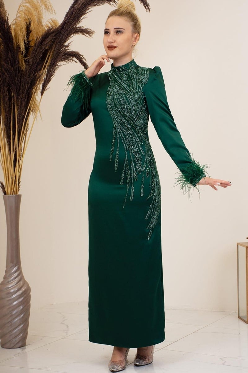 Esilanur Front Beaded Applique Embroidery Sleeves Feathered Nara Hijab Evening Dress Emerald  - Image 1