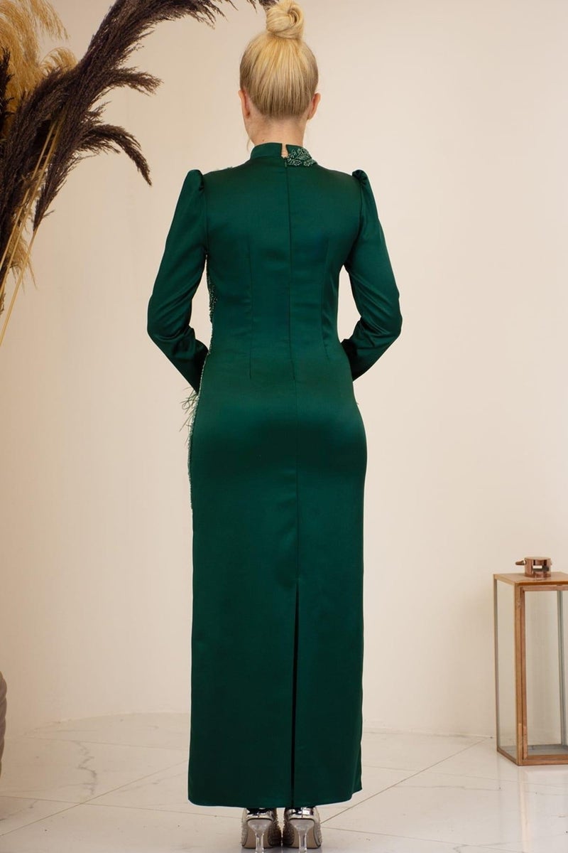 Esilanur Front Beaded Applique Embroidery Sleeves Feathered Nara Hijab Evening Dress Emerald  - Image 3