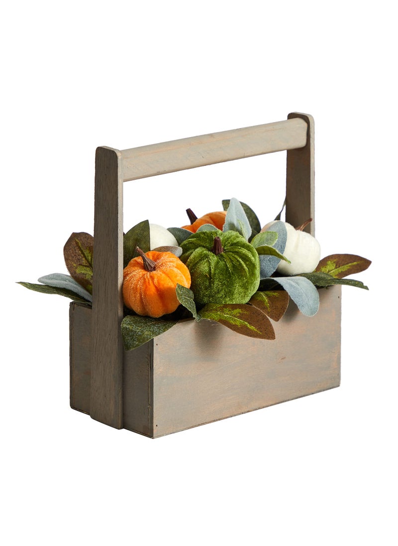 Nearly Natural Nearly Natural 10in. Fall Pumpkin Artificial Autumn Arrangement in Wood Basket  - Image 3