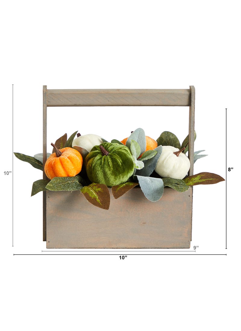 Nearly Natural Nearly Natural 10in. Fall Pumpkin Artificial Autumn Arrangement in Wood Basket  - Image 2
